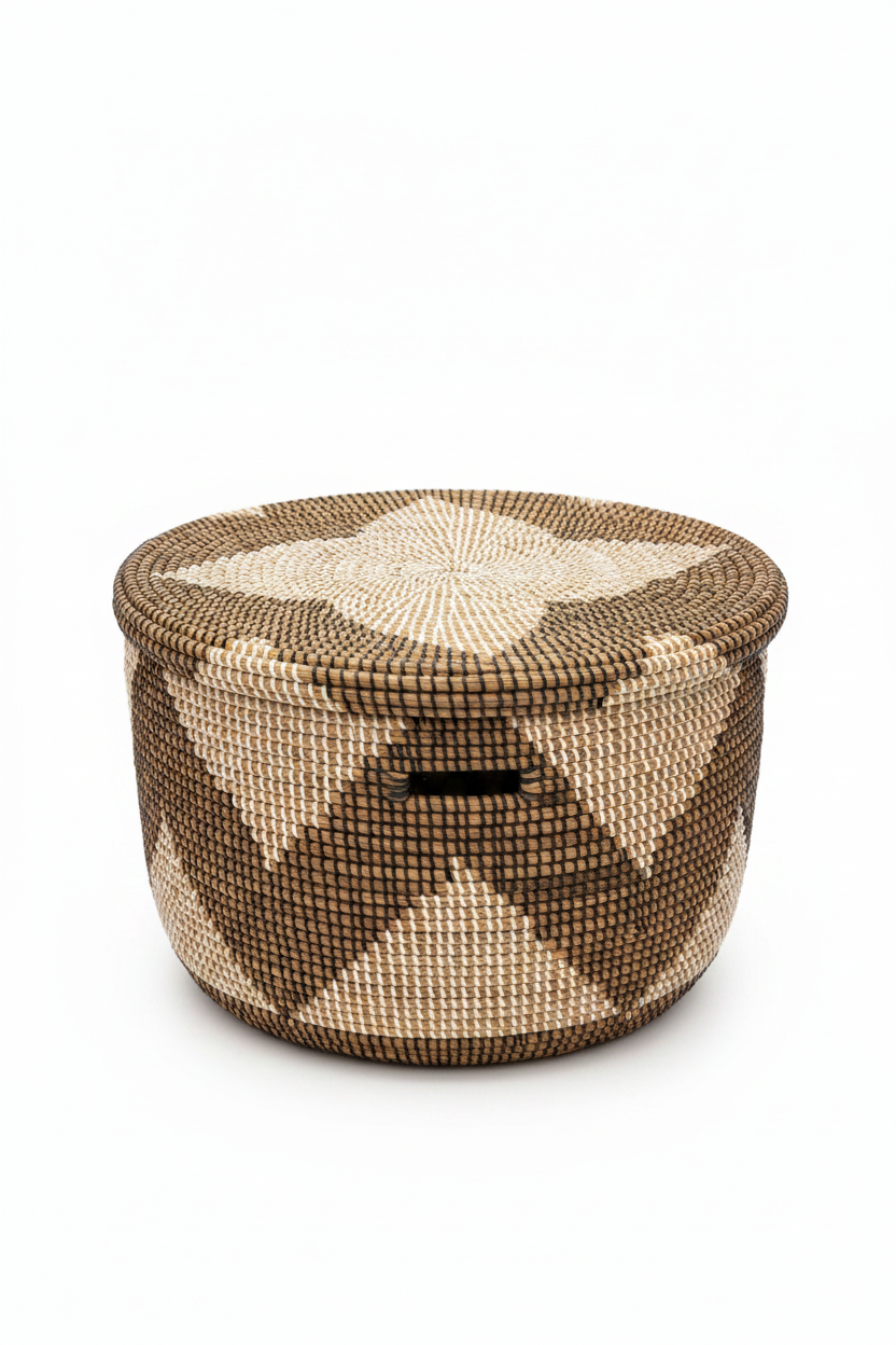 Panier de rangement en jonc tressé fait main, motif géométrique losanges brun et crème, artisanat sénégalais, fond blanc
