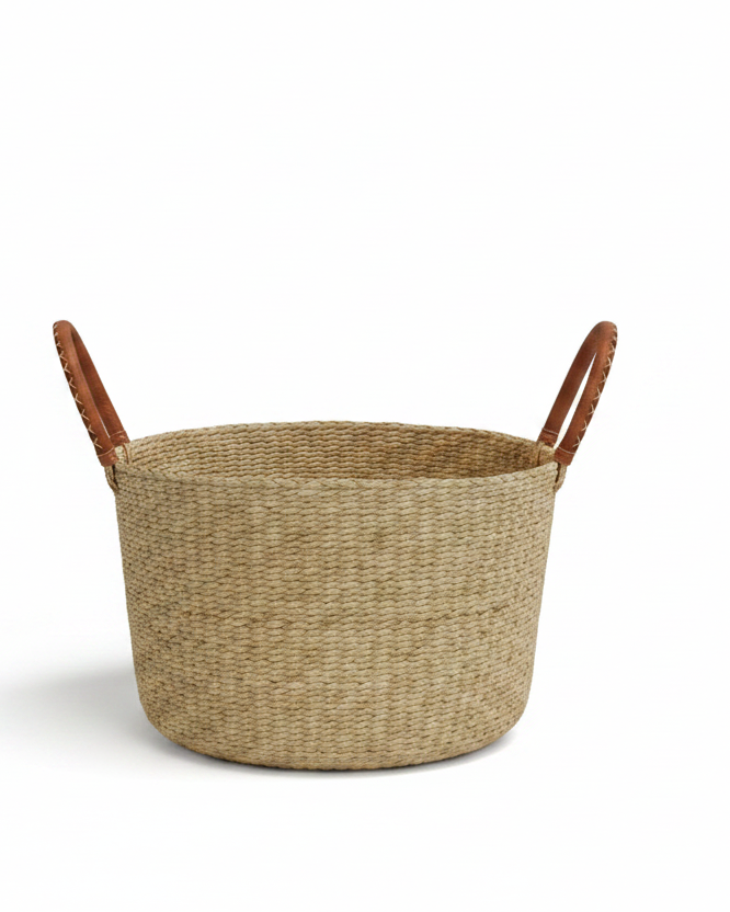  Panier de rangement raphia anse cuir - Artisanat Ghana