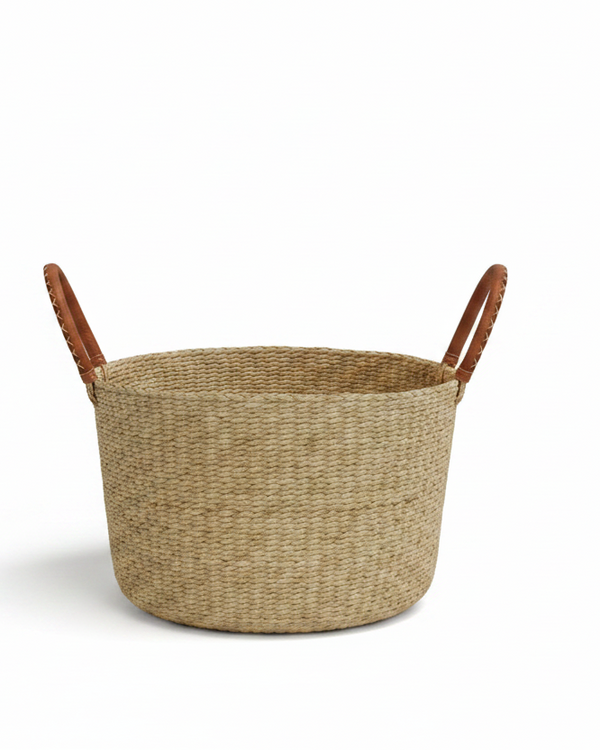  Panier à linge sans couvercle raphia anse cuir- Artisanat Ghana