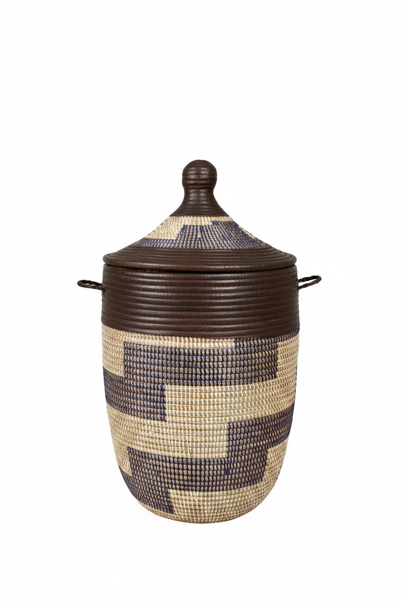Panier à linge jonc tressé bicolore - Artisanat Senegal