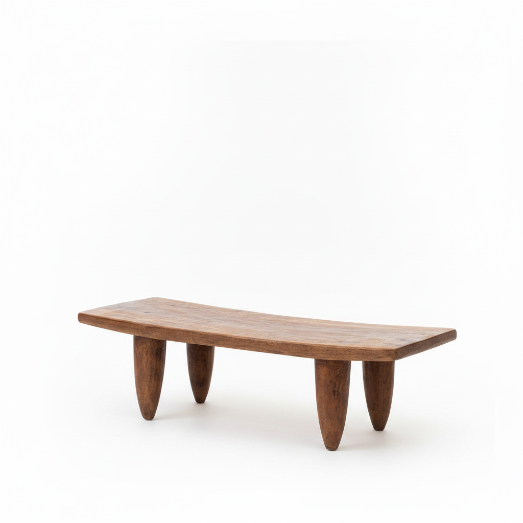 Banc Senoufo en bois sculpté à la main, vue trois quarts, pieds arrondis caractéristiques, artisanat Côte d'Ivoire, fond blanc