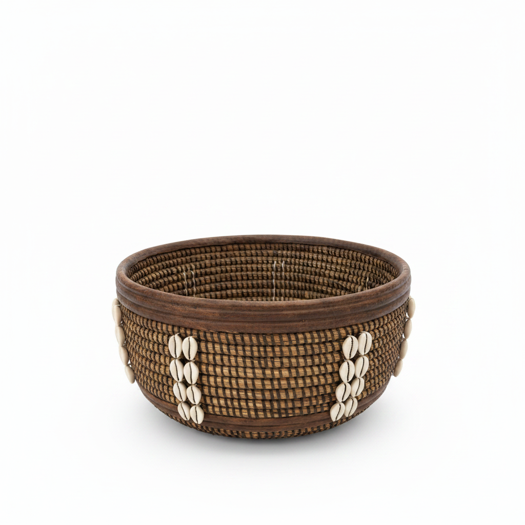 Corbeille ronde en jonc tressé brun avec cauris blancs cousus, artisanat sénégalais, fond blanc