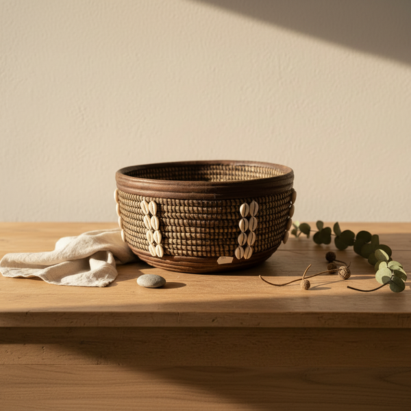 Corbeille artisanale en jonc tressé ornée de cauris, posée sur une planche en bois avec lin et eucalyptus, décoration bohème