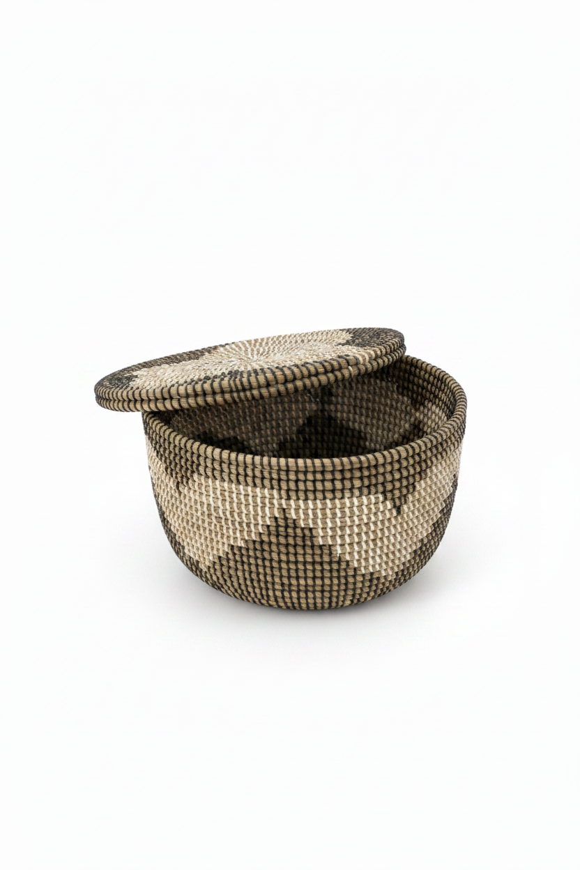 Panier en jonc tressé profil bas, couvercle entrouvert révélant l'intérieur sombre, motif spirale crème et charbon sur le corps, artisanat sénégalais, fond blanc