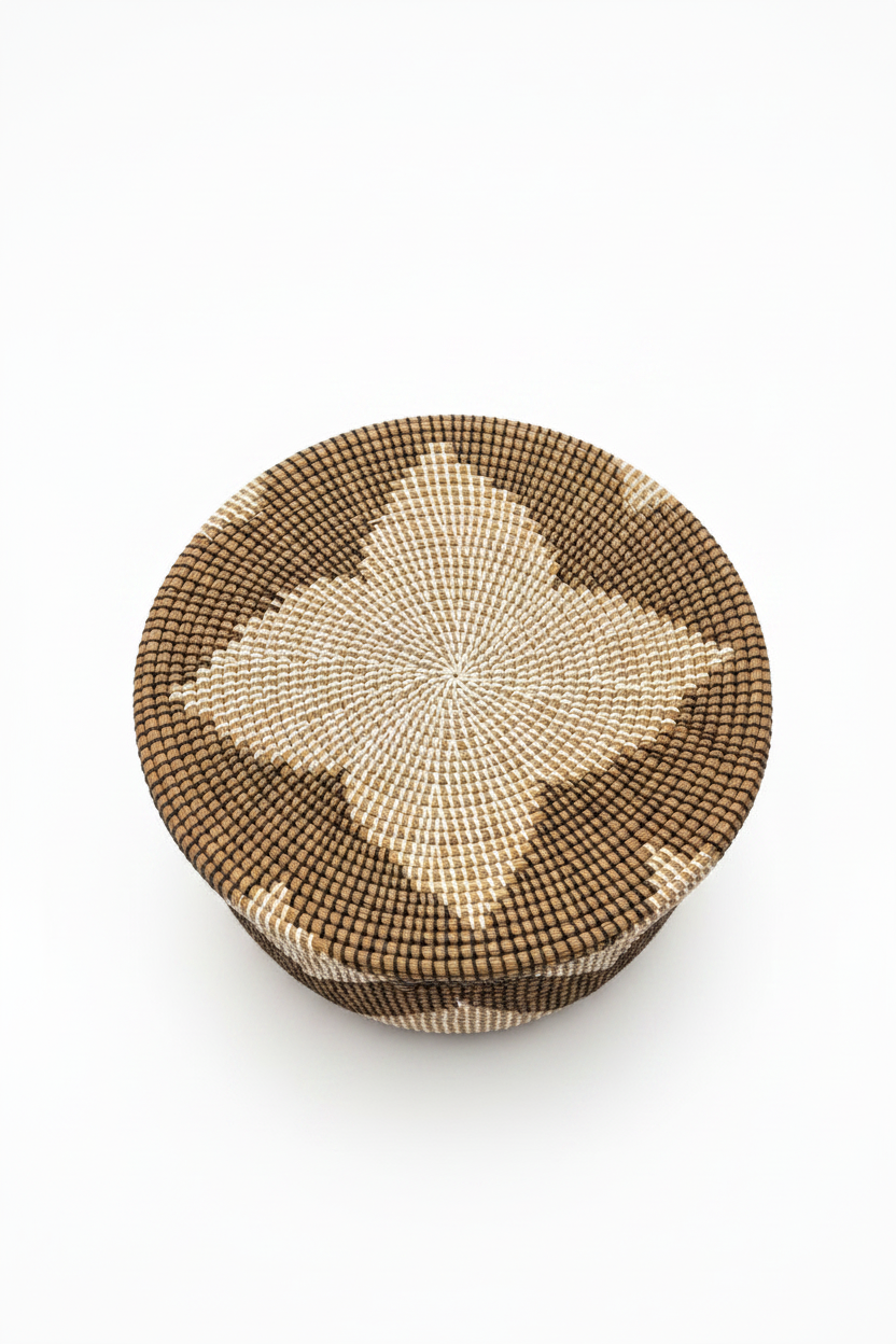 Vue de dessus du panier en jonc tressé, couvercle avec motif étoile à quatre pointes en jonc naturel crème et brun chocolat, artisanat africain, fond blanc