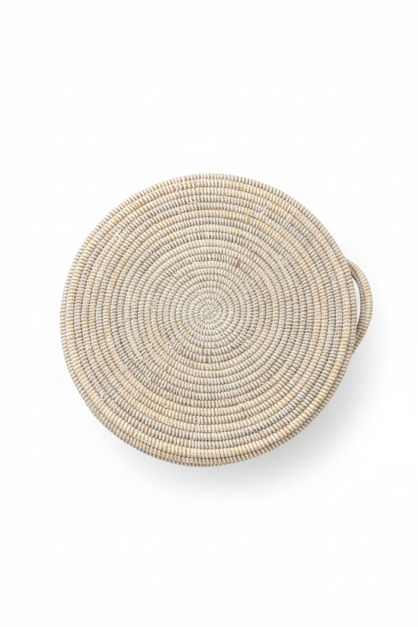 Vue du dessus Panier à linge en raphia blanc, motif spirale du couvercle, artisanat Sénégal, vue zénithale