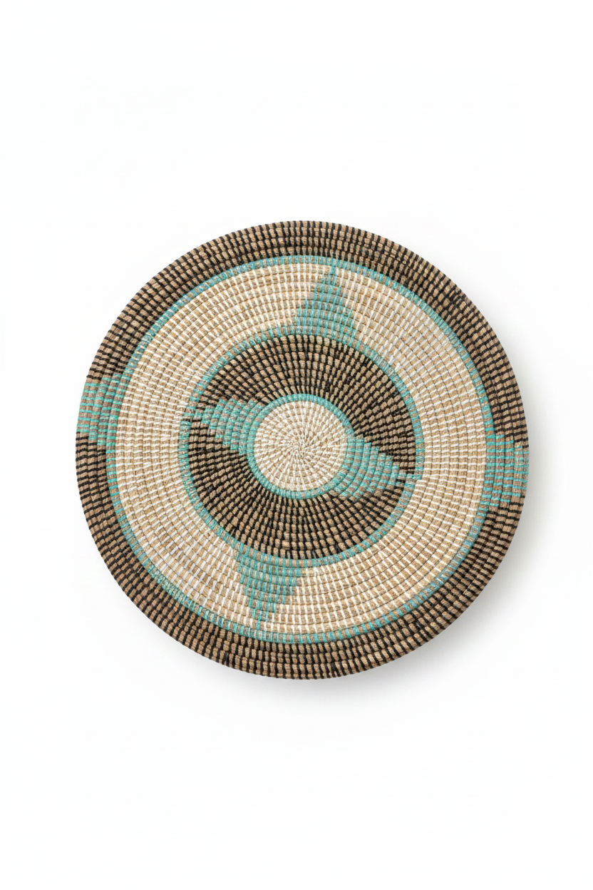 Vue aérienne d'un panier tressé africain avec couvercle à motif circulaire concentrique en marron, crème et turquoise, fond blanc, style packshot e-commerce