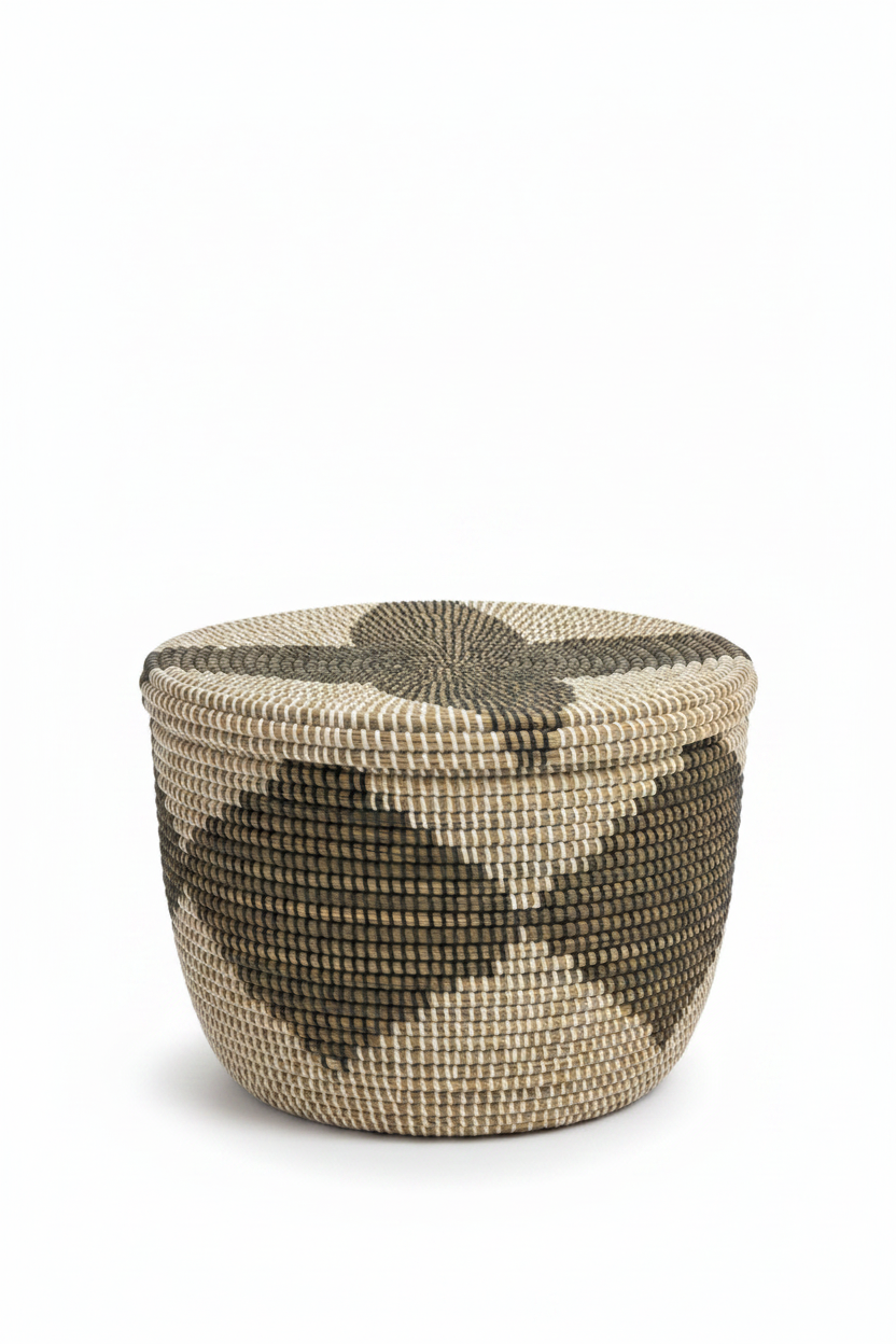Panier de rangement en jonc tressé avec couvercle, motif géométrique croix en jonc olive et crème, artisanat sénégalais, fond blanc