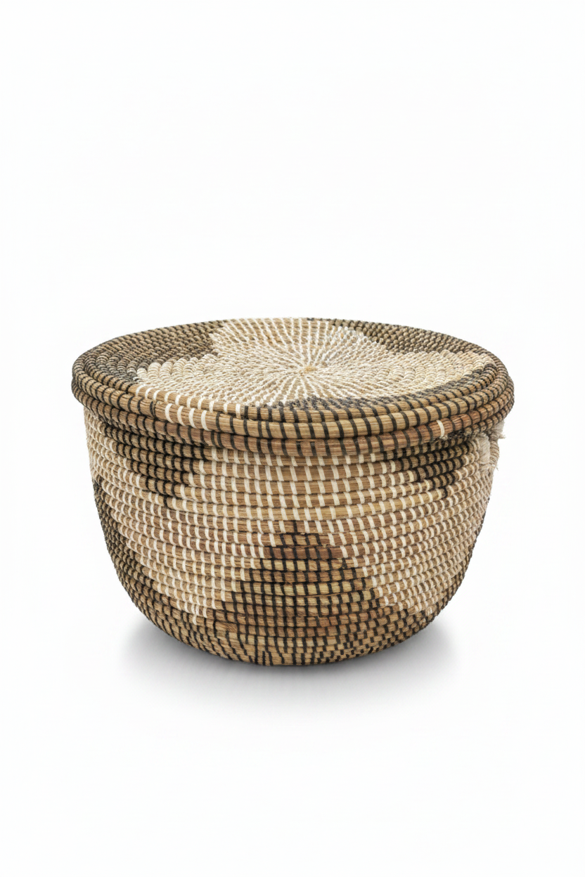 Panier de rangement en jonc tressé avec couvercle plat, motif spirale crème et noir charbon, profil bas, artisanat sénégalais, fond blanc