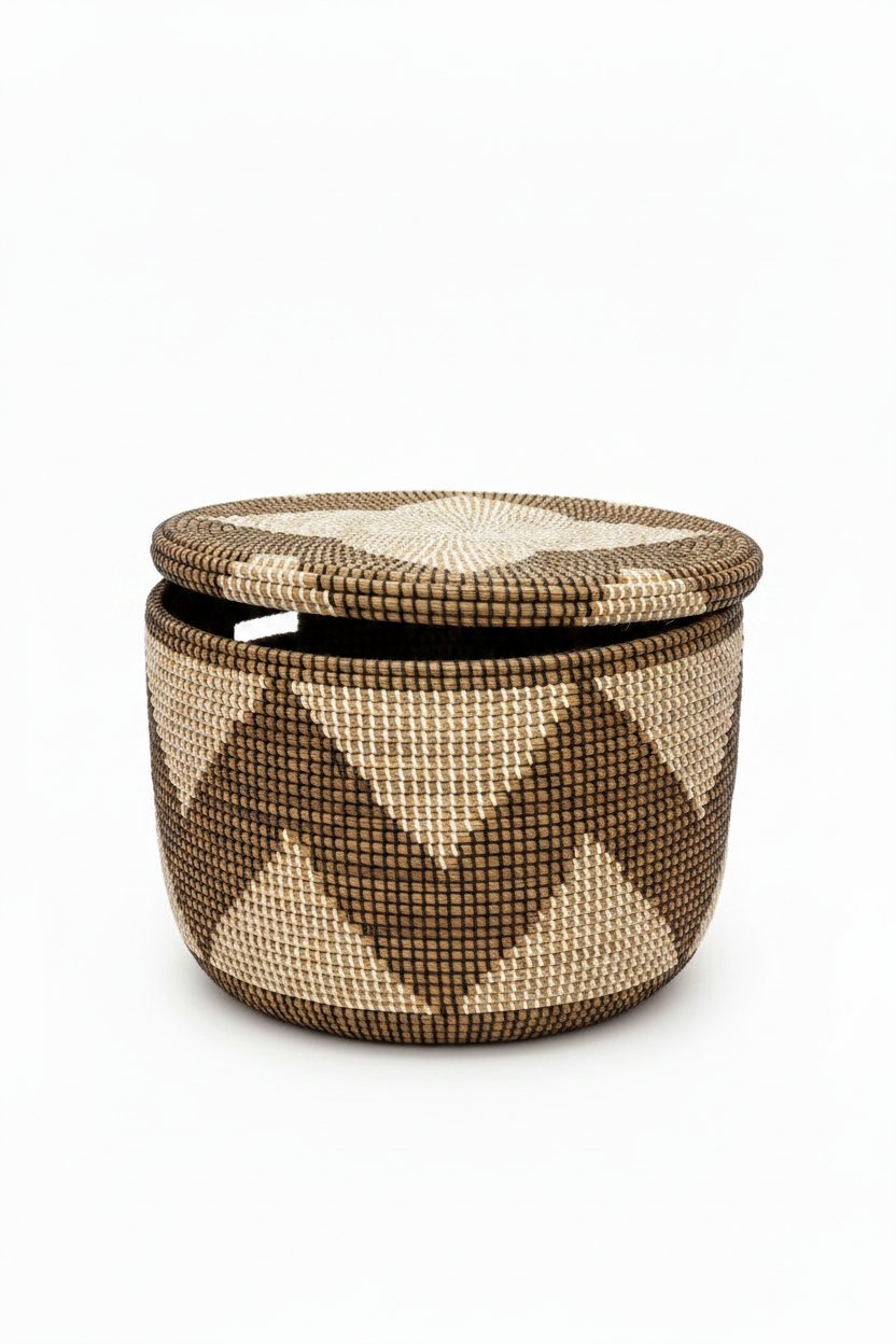 Panier en jonc tressé sénégalais, couvercle entrouvert révélant l'intérieur, motif triangulaire brun et crème visible sur le corps, fond blanc
