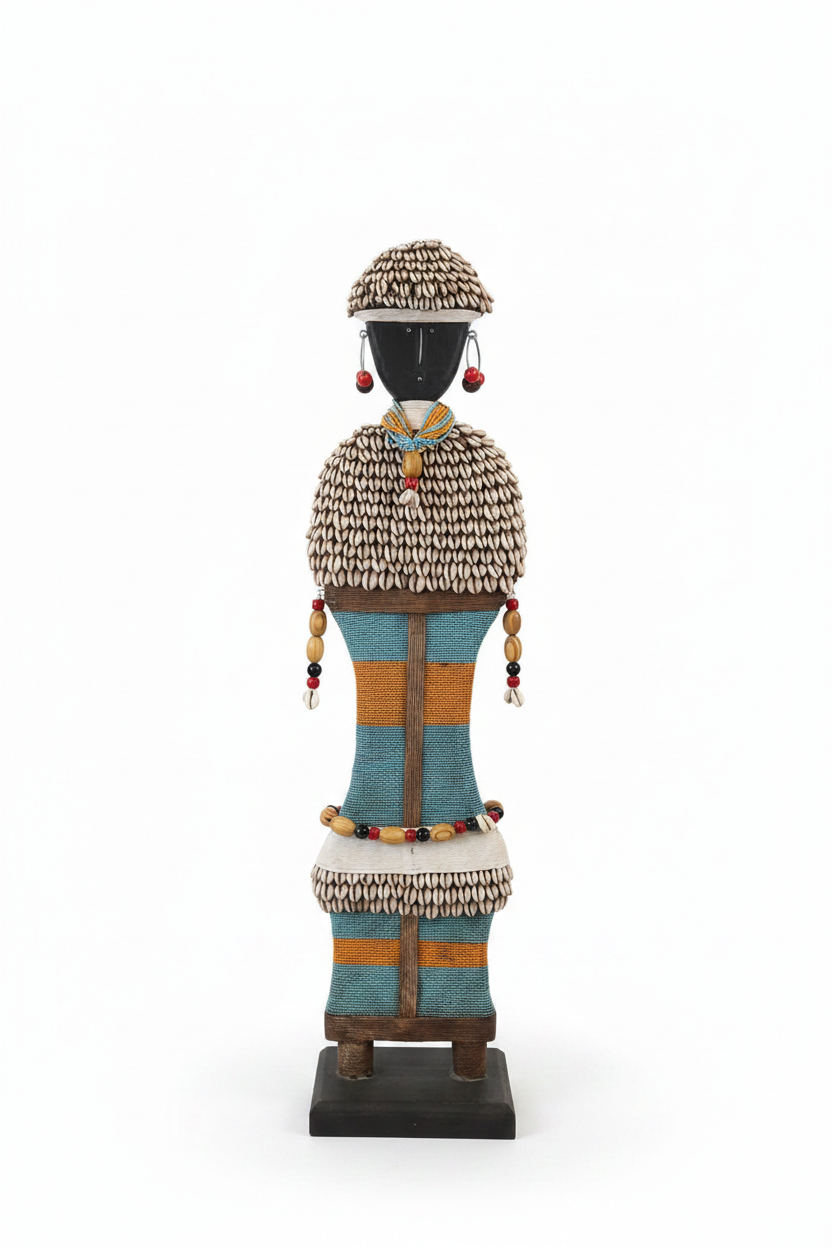 Statue bois perles cauries - Artisanat Côte d'Ivoire