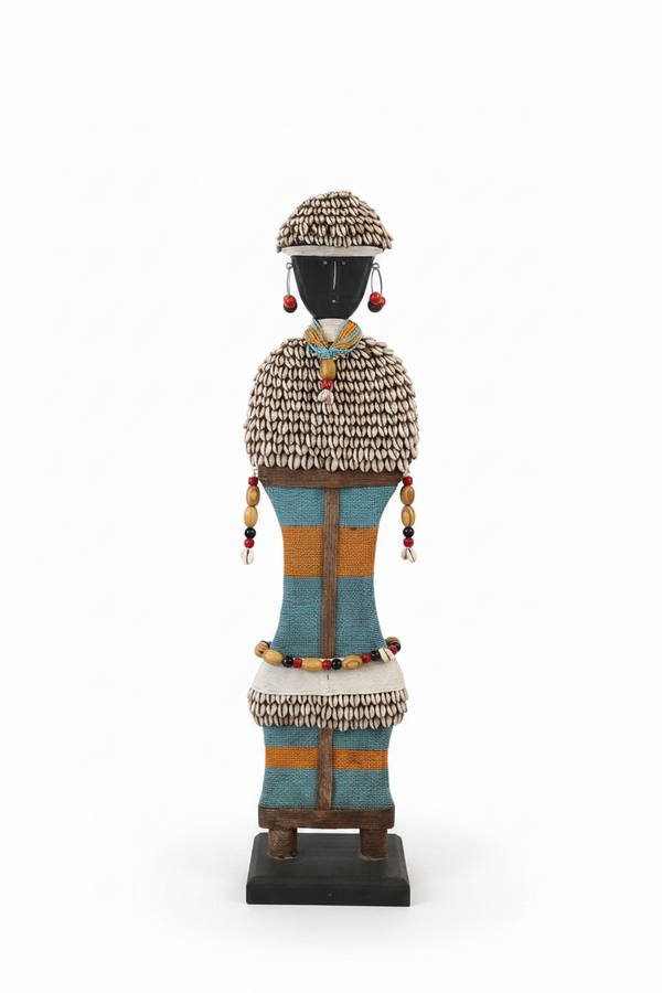 Statue bois perles cauries - Artisanat Côte d'Ivoire