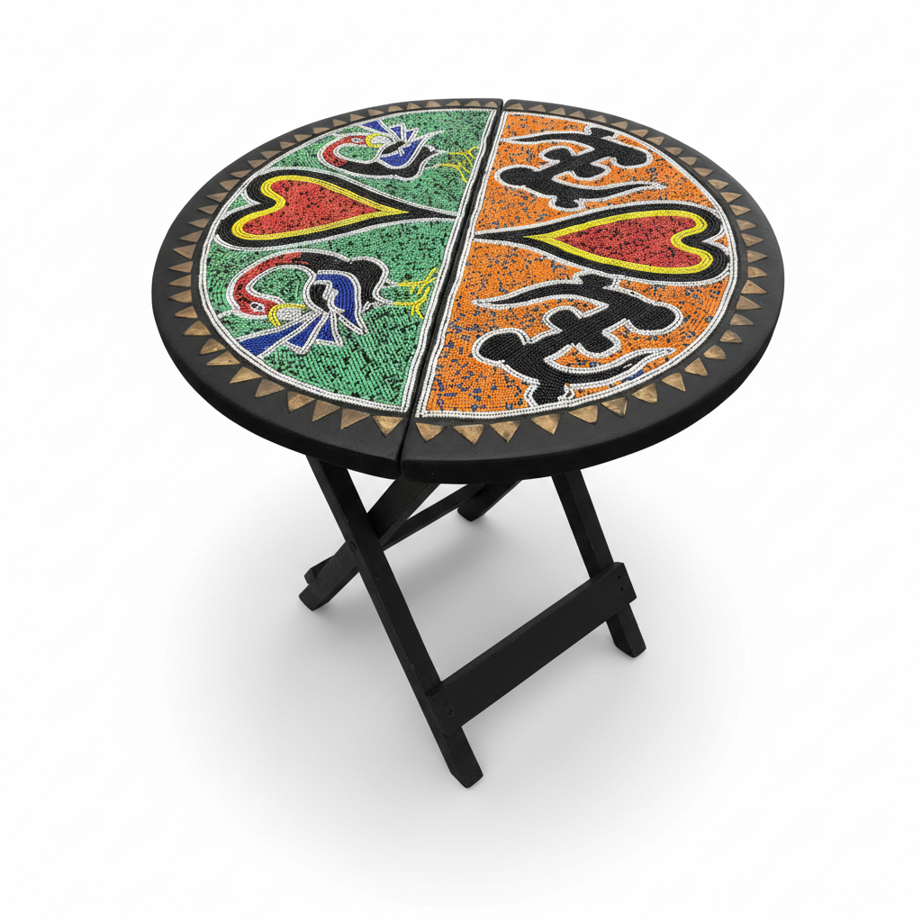 Table basse pliante artisanale Ghana, plateau rond brodé perles vert et orange, motif symbolique Adinkra, structure bois noir, vue trois quarts