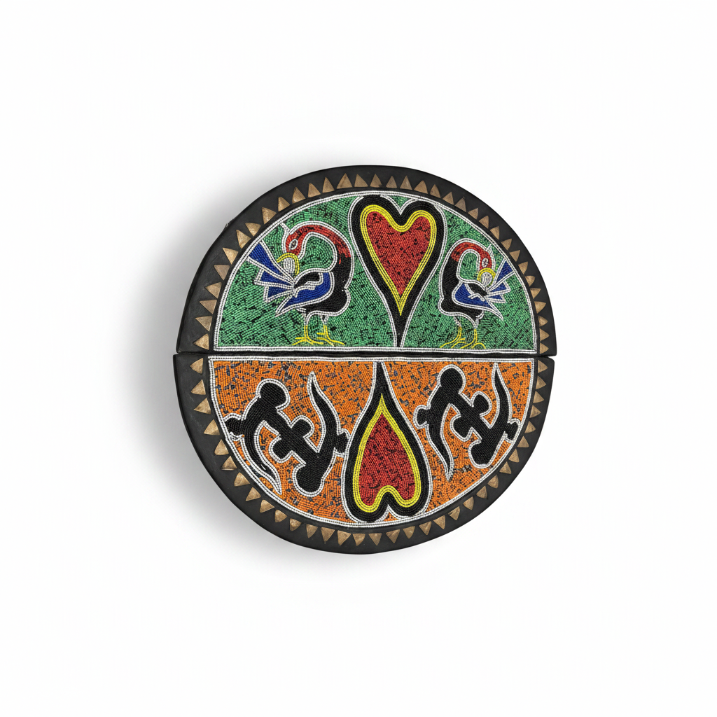 Table pliante Ghana – plateau brodé de perles, motif vert et orange avec oiseaux et symboles Adinkra, bordure triangles laiton, vue du dessus