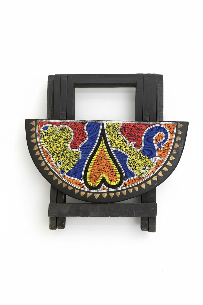 Tabouret pliant africain artisanal en bois noir avec demi-cercle perlé à motifs d'animaux en vert olive, bleu cobalt et orange  forme centrale en goutte jaune-orangée, bordure de triangles en métal doré. Fond blanc studio.
