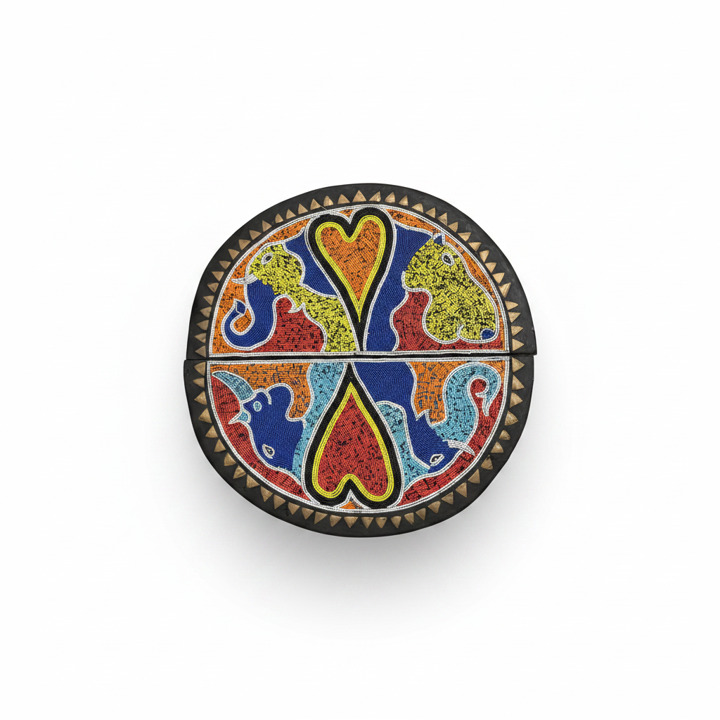 Table pliante artisanale Ghana – plateau rond brodé de perles multicolores, motif animaux et cœur, bordure triangles dorés, vue du dessus