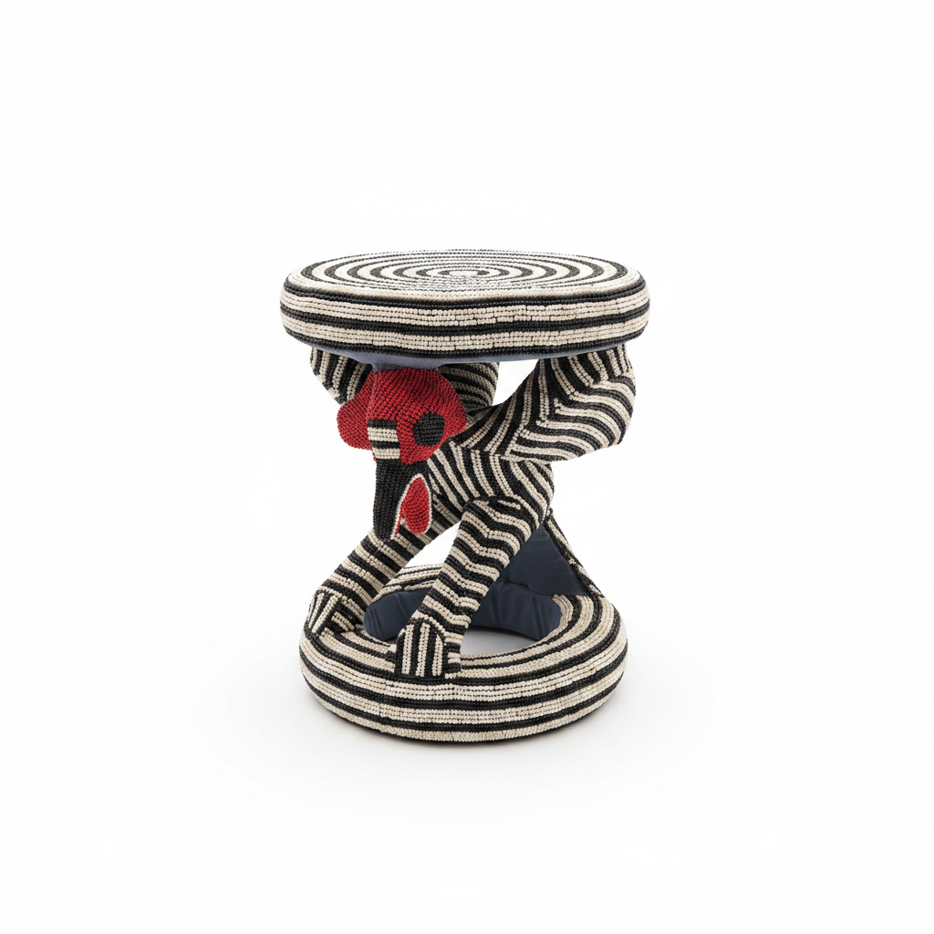 Tabouret Bamoun perles brodées – vue de côté révélant le motif totem oiseaux et l'accent rouge artisanat Camerounais 
