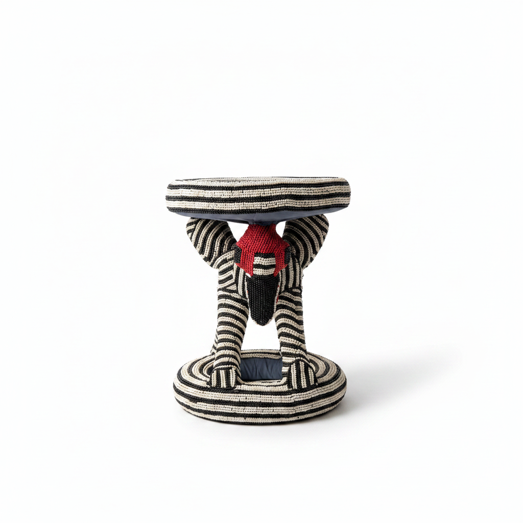 Tabouret Bamoun oiseaux brodé de perles noires, ivoires et rouges sur bois vue de face, fond blanc studio artisanat camerounais fait main