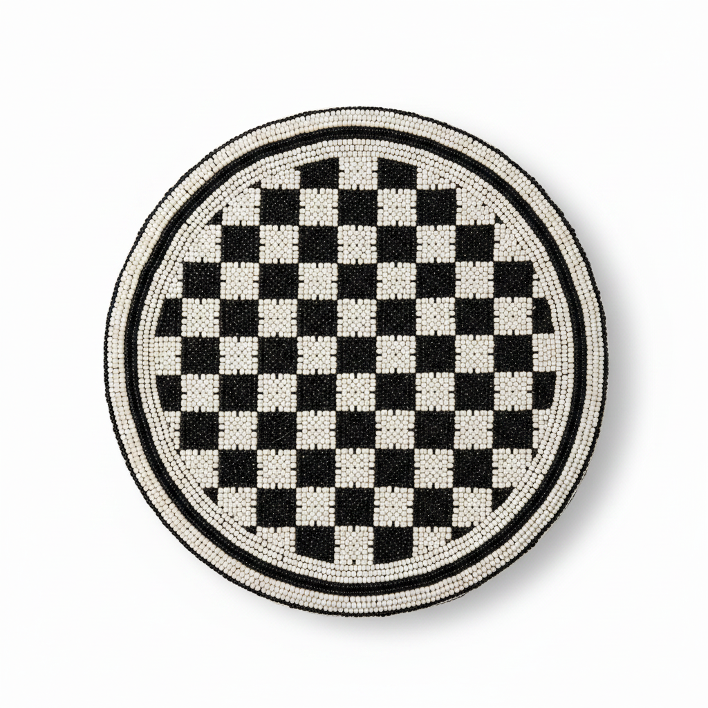 Tabouret Bamoun vue du dessus montrant le motif damier géométrique en perles noires et ivoires, fait main artisanat Camerounais