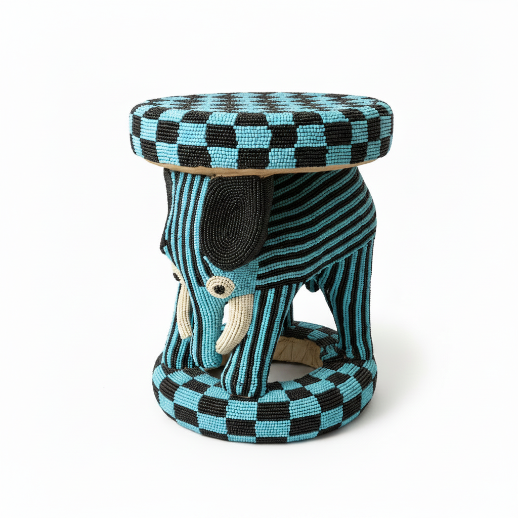 Tabouret éléphant Bamoun en perles brodées turquoise et noir, tête d'éléphant sculptée avec défenses ivoire et grandes oreilles vue trois-quarts, artisanat Camerounais