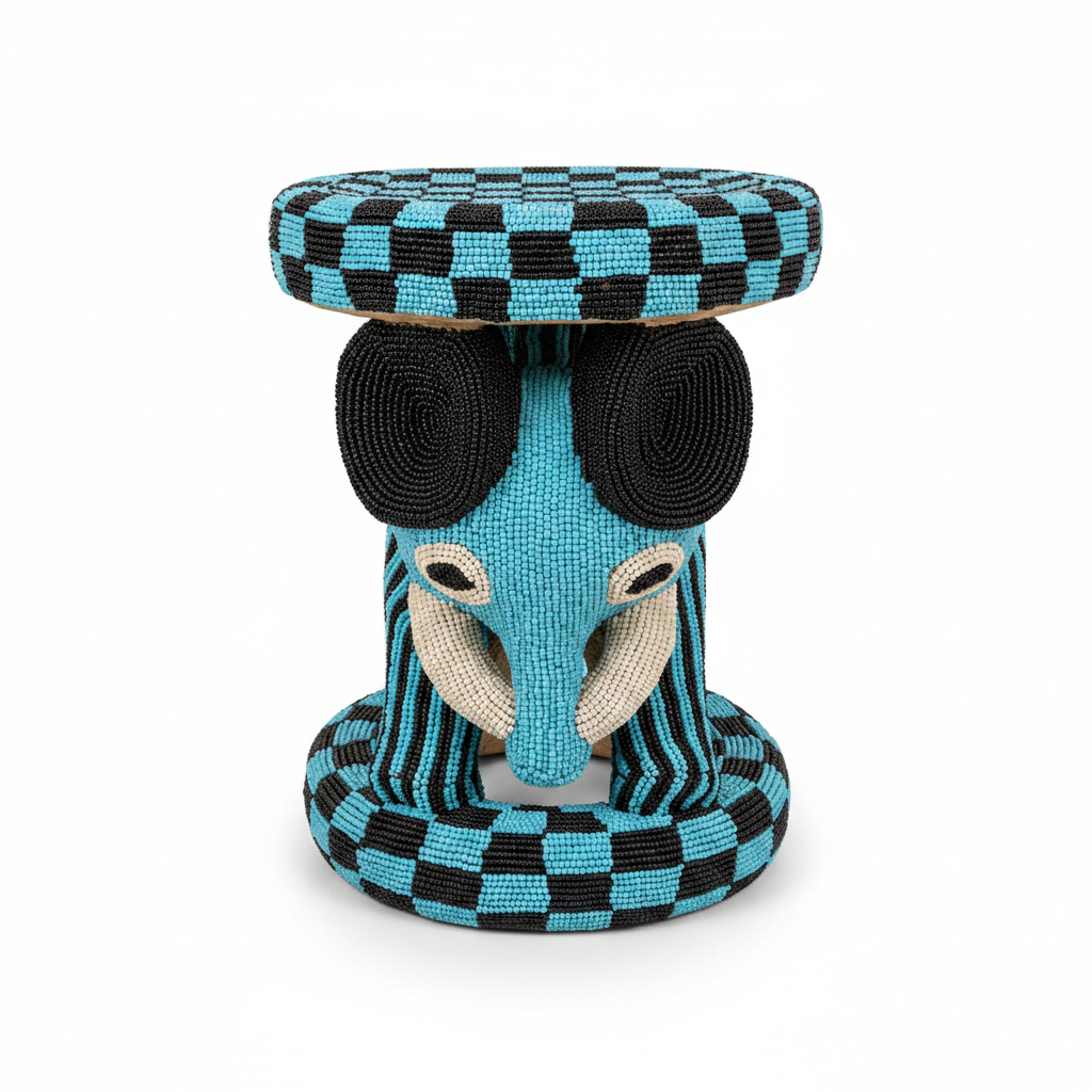 Tabouret éléphant Bamoun entièrement brodé de perles turquoise et noir, avec défenses en ivoire vue de face, artisanat Cameroun
