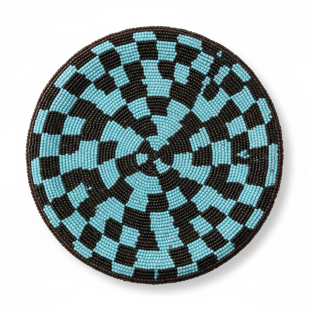 Assise ronde du tabouret Bamoun en perles de verre turquoise et noir, motif damier rayonnant vue du dessus, fait main Cameroun