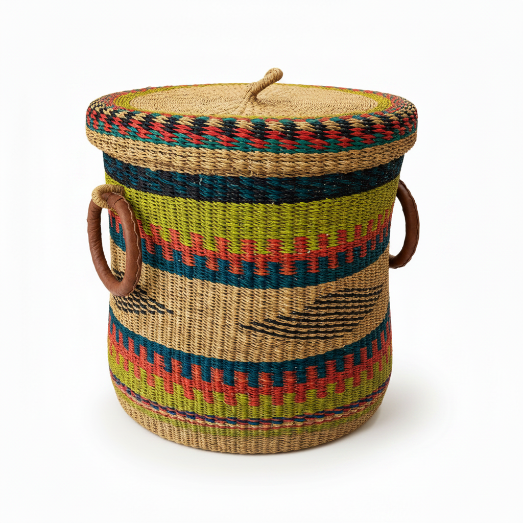 Panier à linge en raphia multicolore, vue 3/4 mettant en valeur l'anse en cuir et les motifs tissés — Artisanat Ghana