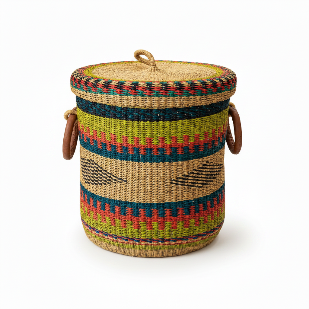 Panier à linge en raphia multicolore avec couvercle et anses en cuir, vue de face — Artisanat Ghana