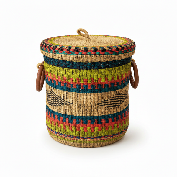 Panier à linge en raphia multicolore avec couvercle et anses en cuir, vue de face — Artisanat Ghana